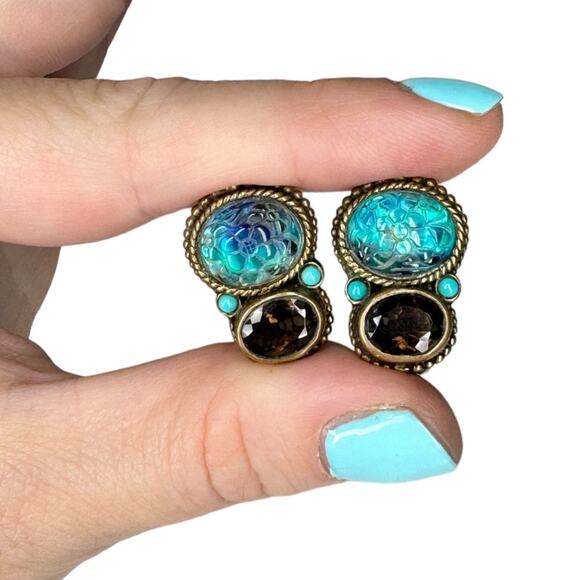 Stephen Dweck Jewelry - Stephen Dweck Clip On Earring Vintage Carved Smoky Quartz Turquoise Blue Crystal